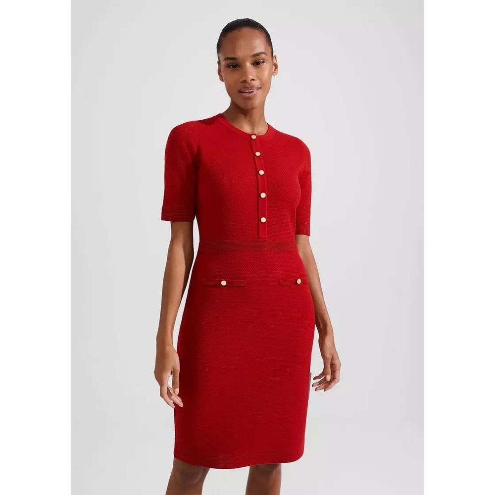 Hobbs London Noa Knitted Dress Firebrick Red Gold Button US 10 UK 14